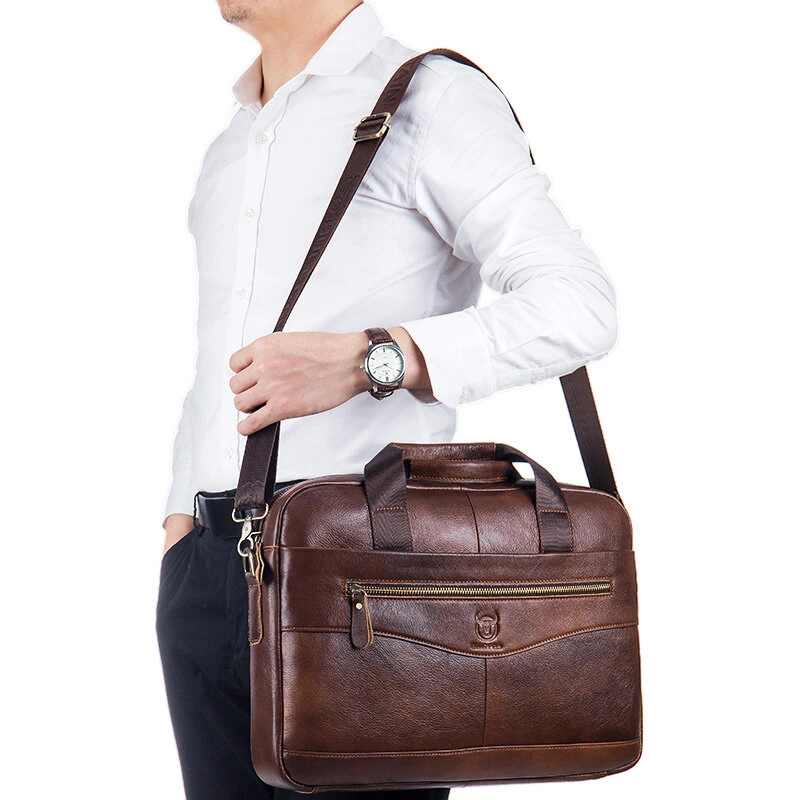 (image for) BULLCAPTAIN Briefcase Shoulder Messenger Bags Men's Genuine Leather 14-inch Laptop Bag's Men's Briefcase Office Business Handbag