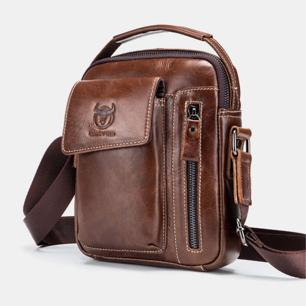 (image for) BULLCAPTAIN Genuine Leather Business Messenger Bag Retro Mini Vintage Shoulder Bag Crossbody Bag for Men Multi-functional Leather Mobile Phone Bags