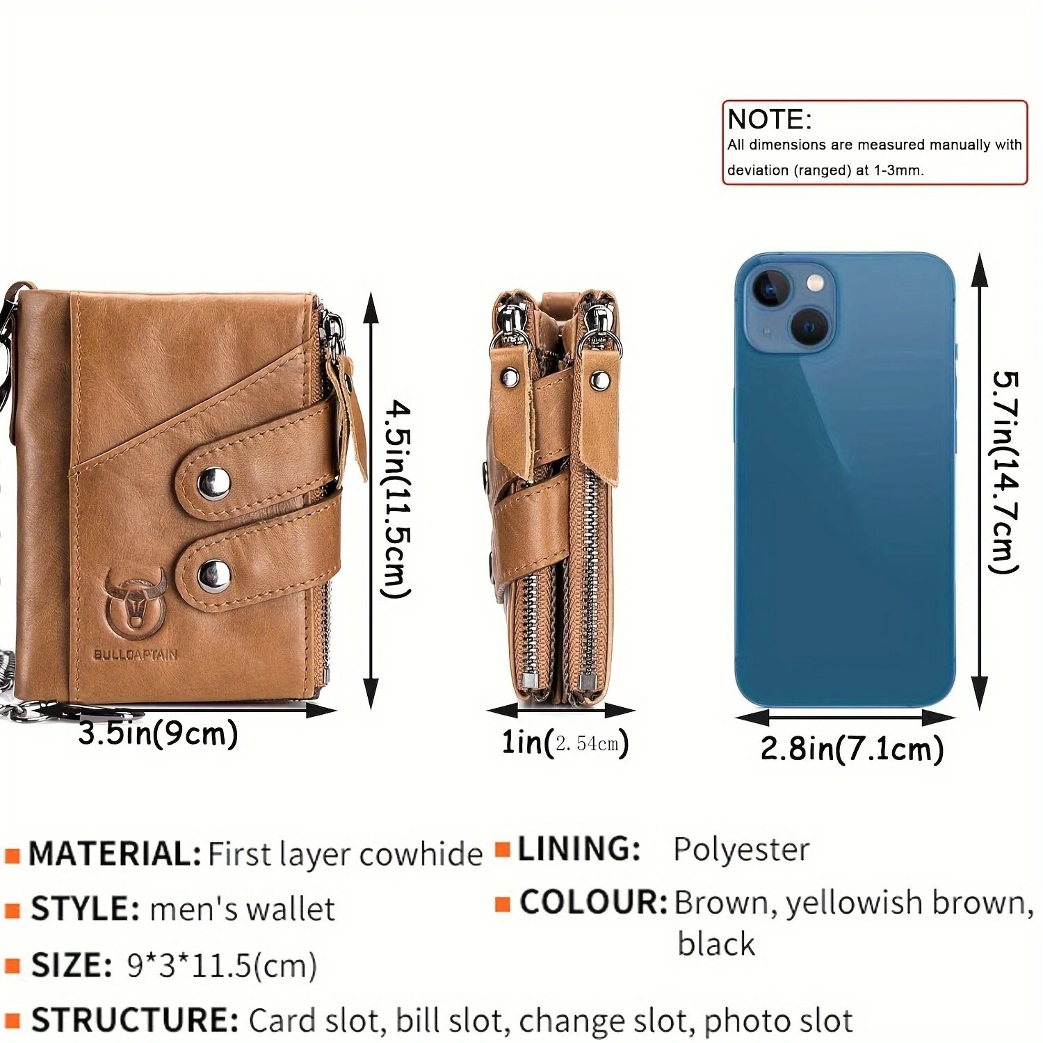 (image for) BULLCAPTAIN Genuine Leather Mens Wallet RFID Blocking Short Wallet with Chain Multifunction Card Holder Double Zipper Coin Purse Money Clip Compact Storage Bag Stylish