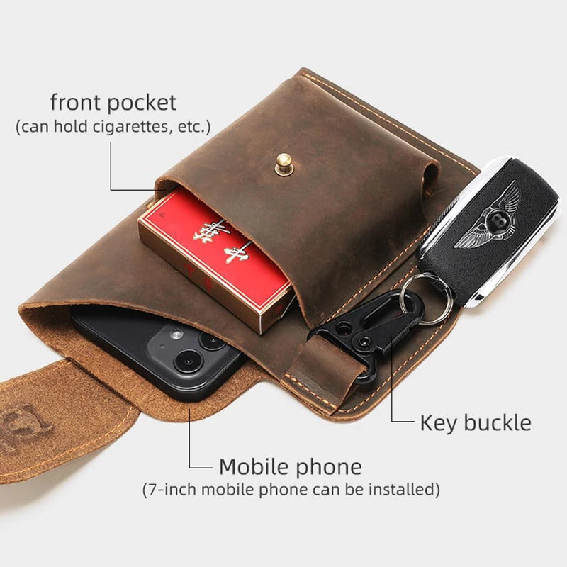 (image for) BULLCAPTAIN Genuine Leather Waist Bag for Men Belt Bag Packs 7inch Cell Phone Purse Waist Bag Wear Buckle Retro Belt Pack