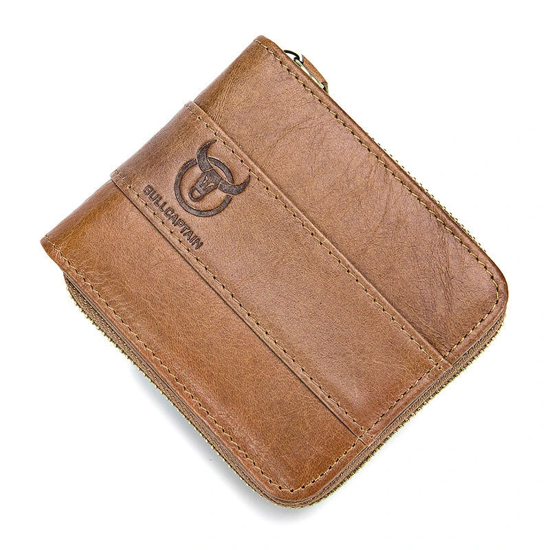 (image for) BULLCAPTAIN Genuine Leather Zipper Men Wallets Multi Card Slot ID Card Mini Holder Bags Bussiness Casual Coin Purse