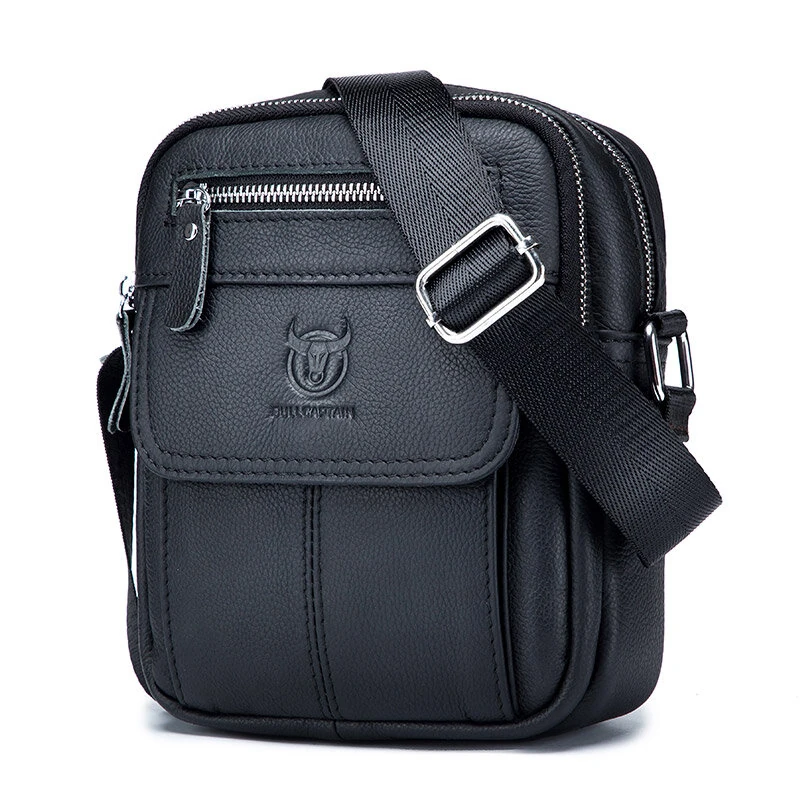 (image for) BULLCAPTAIN Men's Casual Shoulder Bag High Quality Business Messenger Bag Cowhide Leather Mini Pocket Large Capacity Bag for Men