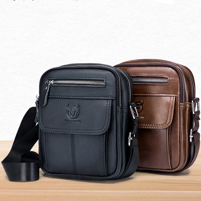 (image for) BULLCAPTAIN Men's Casual Shoulder Bag High Quality Business Messenger Bag Cowhide Leather Mini Pocket Large Capacity Bag for Men