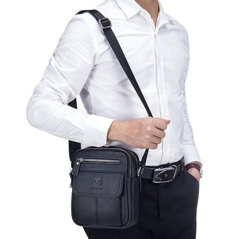 (image for) BULLCAPTAIN Men's Casual Shoulder Bag High Quality Business Messenger Bag Cowhide Leather Mini Pocket Large Capacity Bag for Men