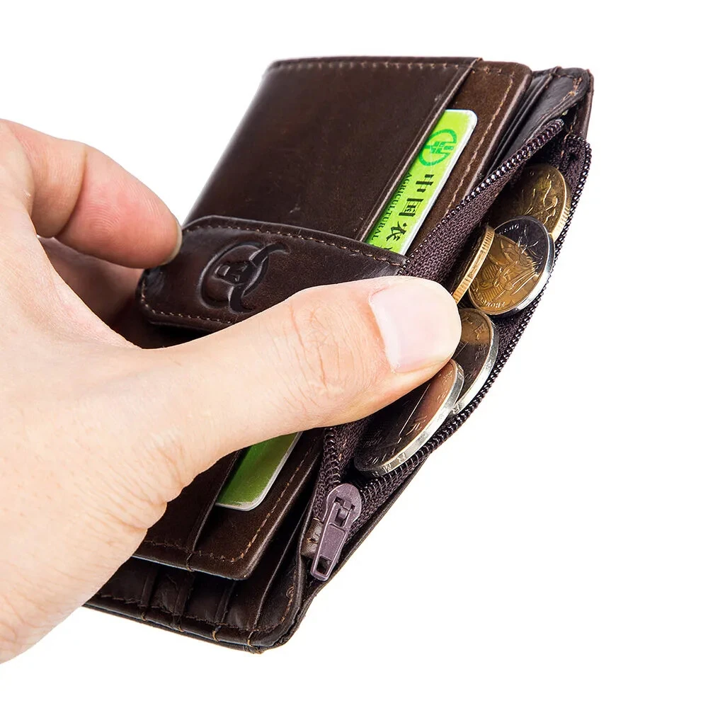 (image for) BULLCAPTAIN Men's Genuine Leather RFID Blocking Wallets, Thin Zipper Short Wallet Multiple Card Slots Coin Purse Holder Mini Business Wallet, Gifts To Mens Birthday