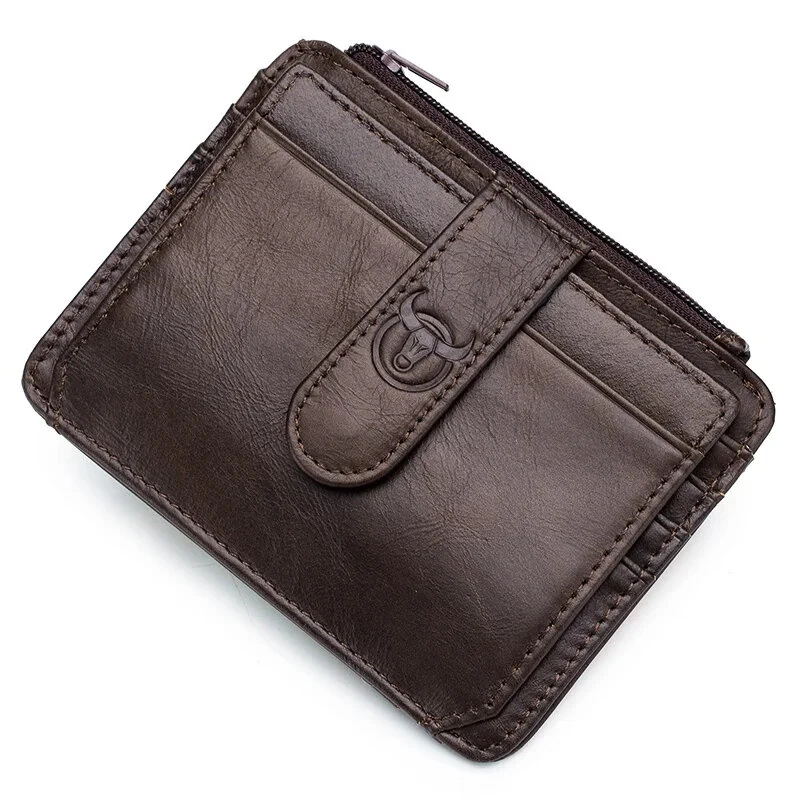 (image for) BULLCAPTAIN Men's Genuine Leather RFID Blocking Wallets, Thin Zipper Short Wallet Multiple Card Slots Coin Purse Holder Mini Business Wallet, Gifts To Mens Birthday