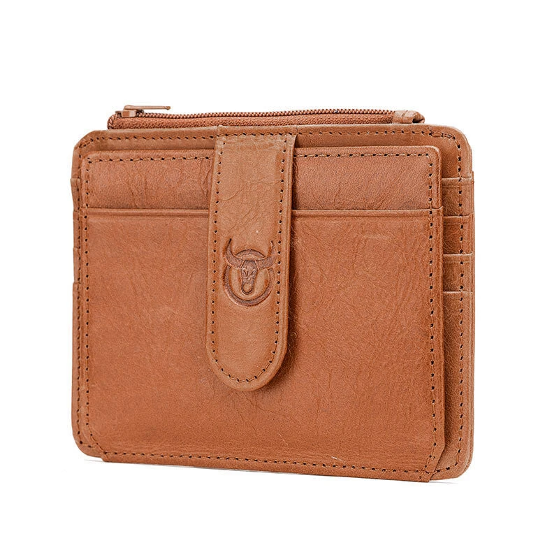(image for) BULLCAPTAIN Men's Genuine Leather RFID Blocking Wallets, Thin Zipper Short Wallet Multiple Card Slots Coin Purse Holder Mini Business Wallet, Gifts To Mens Birthday