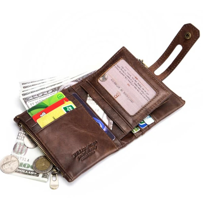(image for) BULLCAPTAIN Mens Retro Genuine Leather Wallet RFID Anti-thef Multicard Slot Wallet Card Holder Double Zipper Coin Purse Cowhide Leather Wallet