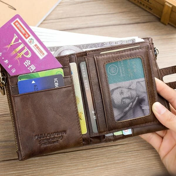 (image for) BULLCAPTAIN Mens Retro Genuine Leather Wallet RFID Anti-thef Multicard Slot Wallet Card Holder Double Zipper Coin Purse Cowhide Leather Wallet