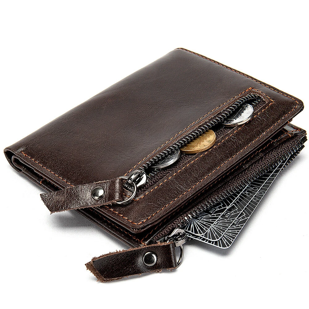 (image for) Ekphero Genuine Leather Mens Wallet Man Zipper Short Small Coin Purse Male Rfid Anti-theft Swipe Card Purse Multicard Slot ID Credit Holder