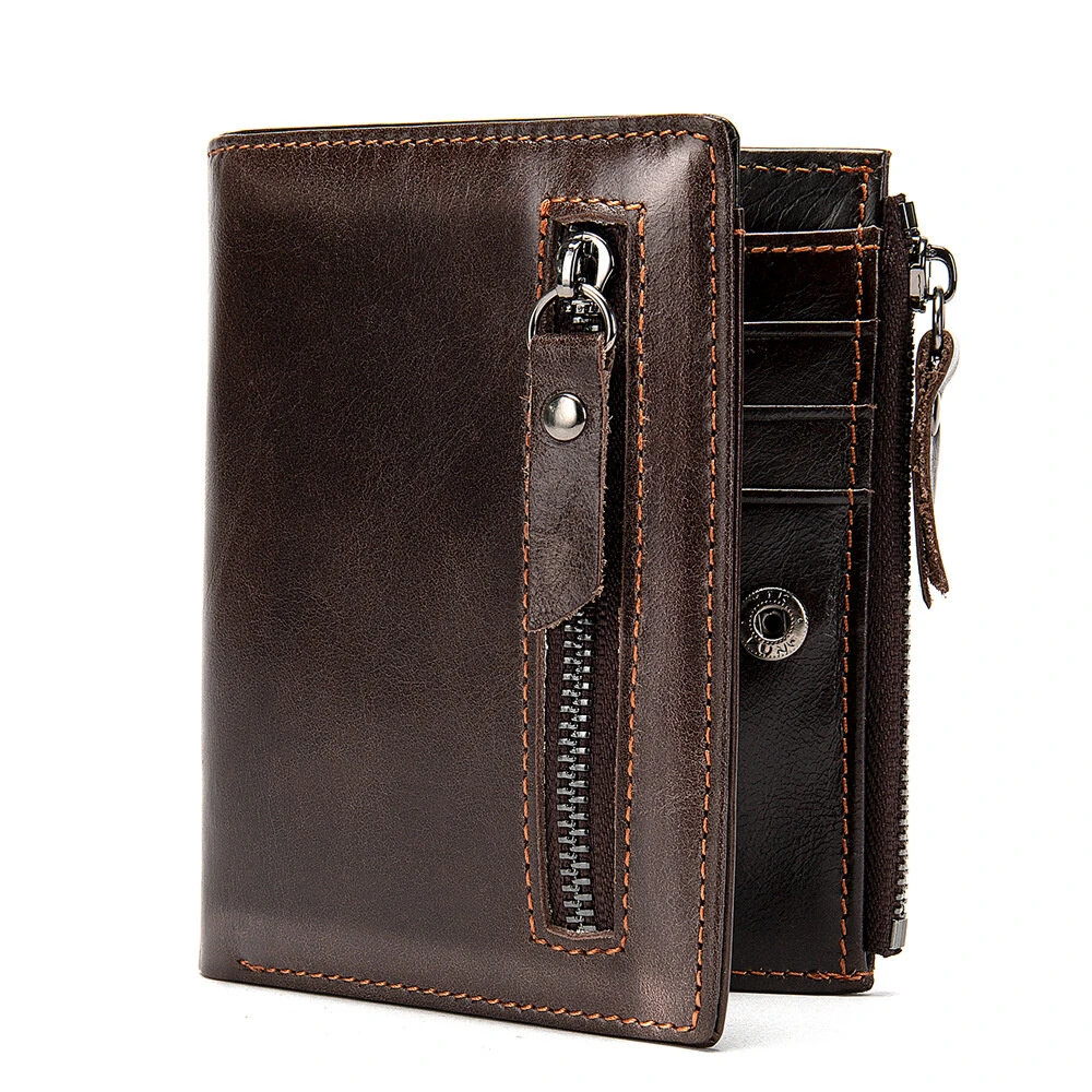 (image for) Ekphero Genuine Leather Mens Wallet Man Zipper Short Small Coin Purse Male Rfid Anti-theft Swipe Card Purse Multicard Slot ID Credit Holder