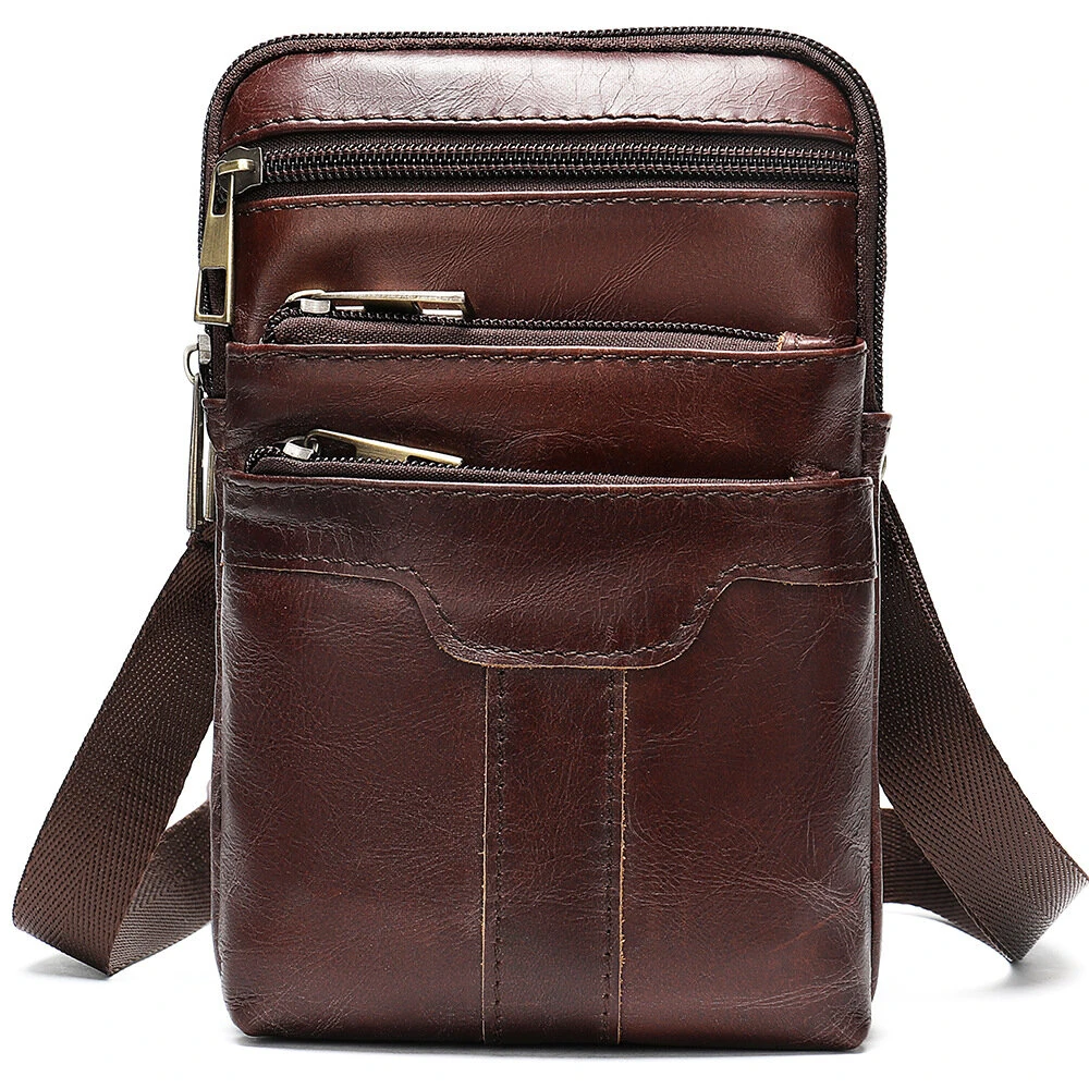 (image for) Ekphero Men's Genuine Leather Crossbody Bag with Zipper Mobile Phone Shoulder Bag Small Travel Waist Bag Multi-Pockets Male Belt Waist Packs