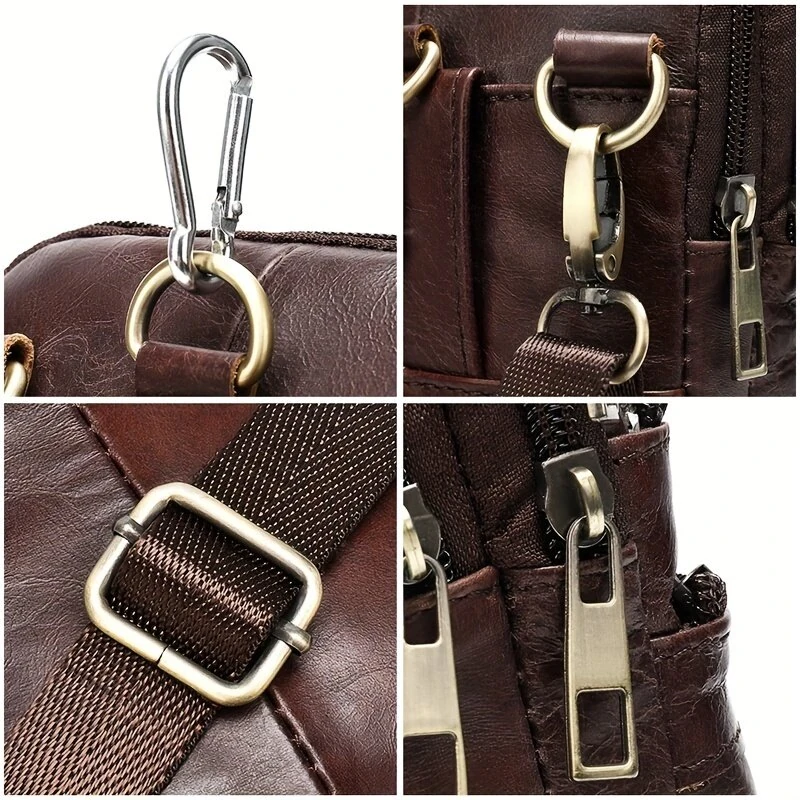 (image for) Ekphero Men's Genuine Leather Crossbody Bag with Zipper Mobile Phone Shoulder Bag Small Travel Waist Bag Multi-Pockets Male Belt Waist Packs