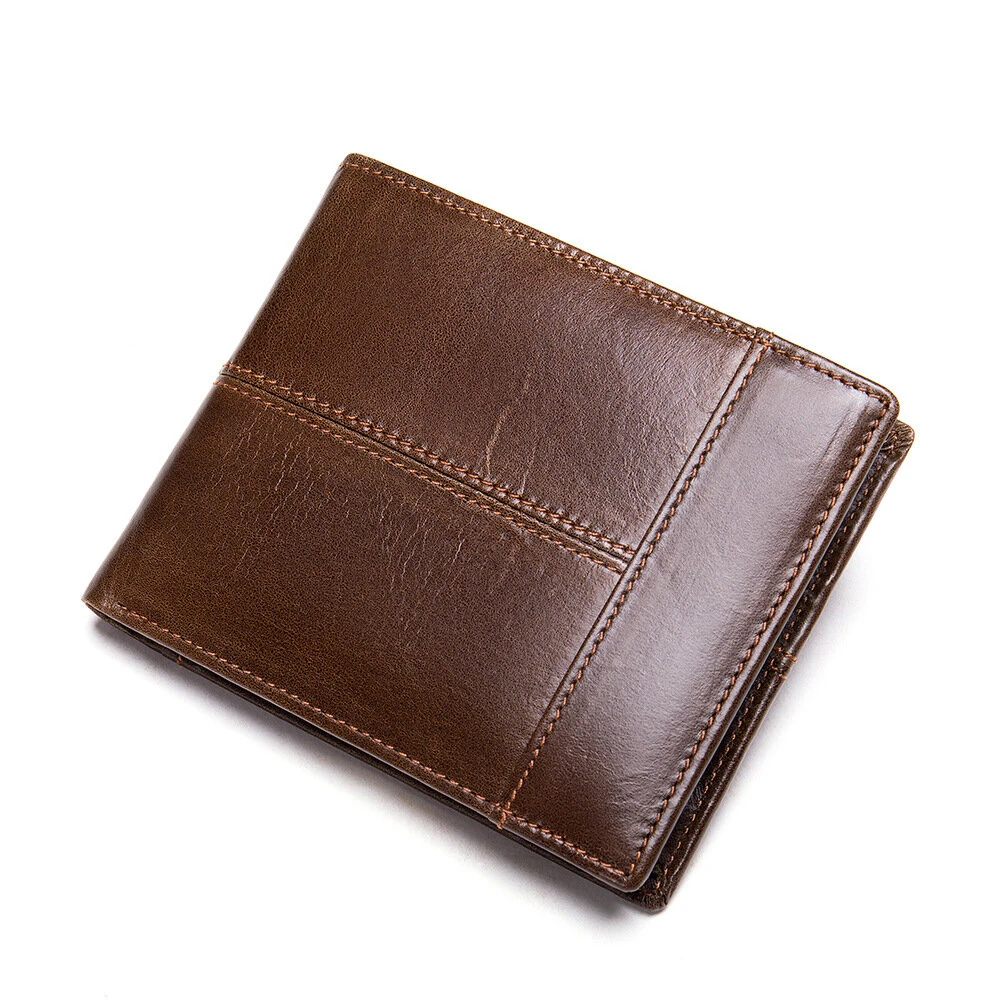 (image for) Ekphero Men's Retro Genuine Leather Short Wallet RFID Blocking Horizontal Money Clip Multi-card Slot Card Holder Anti-theft Brush Coin Purse