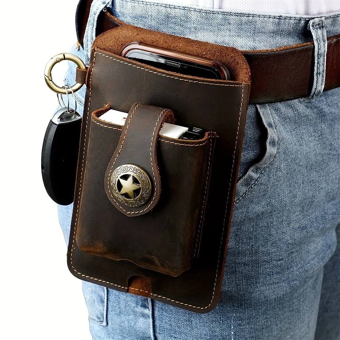 (image for) Ekphero Men's Vintage Genuine Leather Belt Bag, Multifunctional Waist Bag with Key Hook, Mobile Phone Bag For Work Outdoor Sports