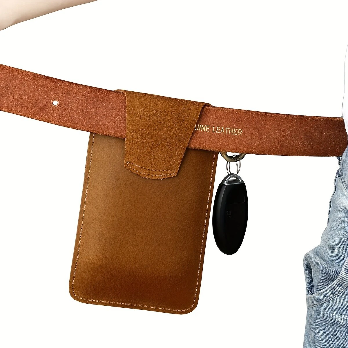 (image for) Ekphero Men's Vintage Genuine Leather Belt Bag, Multifunctional Waist Bag with Key Hook, Mobile Phone Bag For Work Outdoor Sports