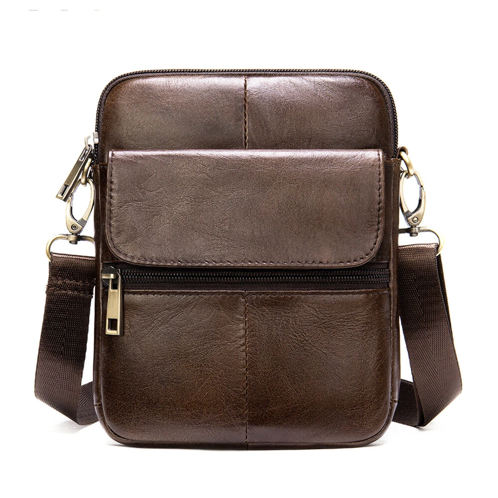 (image for) Ekphero Zipper Genuine Leather Messenger Bags Business Small Crossbody Bag Casual Travel Flap Shoulder Bag