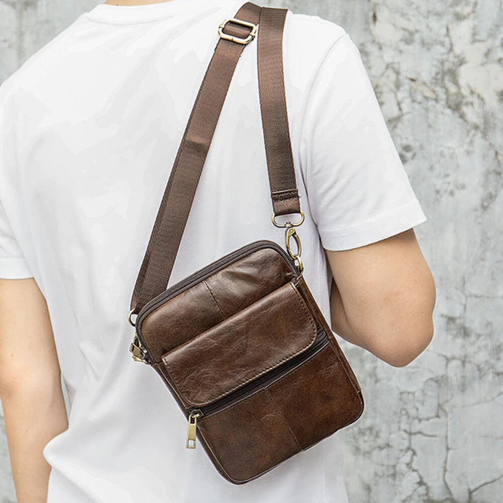 (image for) Ekphero Zipper Genuine Leather Messenger Bags Business Small Crossbody Bag Casual Travel Flap Shoulder Bag