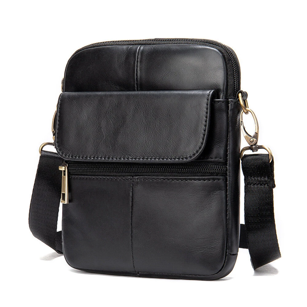 (image for) Ekphero Zipper Genuine Leather Messenger Bags Business Small Crossbody Bag Casual Travel Flap Shoulder Bag